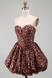 Vestido de Regresso ao Casamento Espartilho Leopardo Linha A com Bainha Bolha e Renda nas Costas