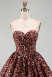 Vestido de Regresso ao Casamento Espartilho Leopardo Linha A com Bainha Bolha e Renda nas Costas