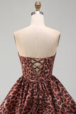 Vestido de Regresso ao Casamento Espartilho Leopardo Linha A com Bainha Bolha e Renda nas Costas