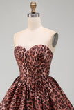 Vestido de Regresso ao Casamento Espartilho Leopardo Linha A com Bainha Bolha e Renda nas Costas