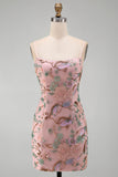 Vestido curto de finalistas com bordado floral cor-de-rosa Bodycon renda nas costas