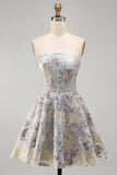 Espartilho A-Line Blue Flower Strapless Com Folhos Jacquard Renda Nas Costas Vestido de Regresso a Casa