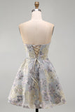 Espartilho A-Line Blue Flower Strapless Com Folhos Jacquard Renda Nas Costas Vestido de Regresso a Casa