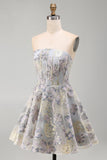 Espartilho A-Line Blue Flower Strapless Com Folhos Jacquard Renda Nas Costas Vestido de Regresso a Casa
