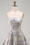 Espartilho A-Line Blue Flower Strapless Com Folhos Jacquard Renda Nas Costas Vestido de Regresso a Casa