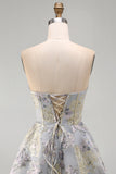 Espartilho A-Line Blue Flower Strapless Com Folhos Jacquard Renda Nas Costas Vestido de Regresso a Casa