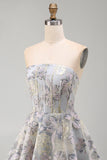 Espartilho A-Line Blue Flower Strapless Com Folhos Jacquard Renda Nas Costas Vestido de Regresso a Casa