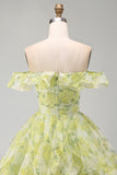 Vestido curto curto de regresso a casa, amarelo verde verde com ombros descobertos e folhos