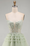 Vestido de regresso a casa, Espartilho Sálvia Dusty A-Line Sem Alças, Floral e Folhos, com Missangas