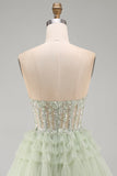Vestido de regresso a casa, Espartilho Sálvia Dusty A-Line Sem Alças, Floral e Folhos, com Missangas