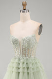 Vestido de regresso a casa, Espartilho Sálvia Dusty A-Line Sem Alças, Floral e Folhos, com Missangas
