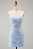 Vestido Curto de Regresso a Casa com Espartilho Espartilho Transparente de Espartilho Azul Sweetheart