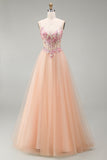 Vestido de Baile de finalistas longo, espartilho transparente em tule A-Line Champanhe, com renda nas costas