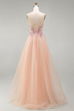 Vestido de Baile de finalistas longo, espartilho transparente em tule A-Line Champanhe, com renda nas costas