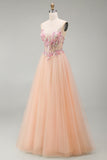 Vestido de Baile de finalistas longo, espartilho transparente em tule A-Line Champanhe, com renda nas costas