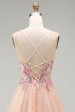 Vestido de Baile de finalistas longo, espartilho transparente em tule A-Line Champanhe, com renda nas costas