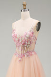 Vestido de Baile de finalistas longo, espartilho transparente em tule A-Line Champanhe, com renda nas costas