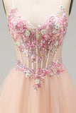Vestido de Baile de finalistas longo, espartilho transparente em tule A-Line Champanhe, com renda nas costas