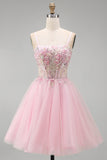 Espartilho floral cor-de-rosa A-Line Straps finos Lantejoulas Vestido Curto de Regresso a Casa com Missangas
