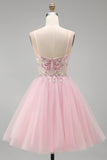 Espartilho floral cor-de-rosa A-Line Straps finos Lantejoulas Vestido Curto de Regresso a Casa com Missangas