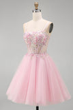 Espartilho floral cor-de-rosa A-Line Straps finos Lantejoulas Vestido Curto de Regresso a Casa com Missangas