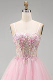 Espartilho floral cor-de-rosa A-Line Straps finos Lantejoulas Vestido Curto de Regresso a Casa com Missangas
