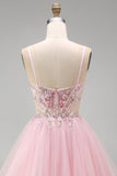 Espartilho floral cor-de-rosa A-Line Straps finos Lantejoulas Vestido Curto de Regresso a Casa com Missangas