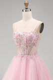 Espartilho floral cor-de-rosa A-Line Straps finos Lantejoulas Vestido Curto de Regresso a Casa com Missangas