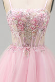 Espartilho floral cor-de-rosa A-Line Straps finos Lantejoulas Vestido Curto de Regresso a Casa com Missangas