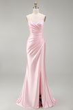 Vestido comprido de baile de sereia rosa cetim com franzidas e fenda