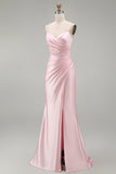 Vestido comprido de baile de sereia rosa cetim com franzidas e fenda