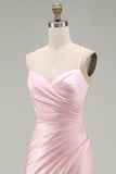 Vestido comprido de baile de sereia rosa cetim com franzidas e fenda