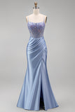 Apliques florais azul poeirentos Lantejoulas transparente com espartilho franzido Vestido comprido de baile de sereia