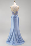 Apliques florais azul poeirentos Lantejoulas transparente com espartilho franzido Vestido comprido de baile de sereia