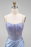Apliques florais azul poeirentos Lantejoulas transparente com espartilho franzido Vestido comprido de baile de sereia