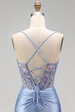 Apliques florais azul poeirentos Lantejoulas transparente com espartilho franzido Vestido comprido de baile de sereia