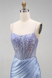 Apliques florais azul poeirentos Lantejoulas transparente com espartilho franzido Vestido comprido de baile de sereia