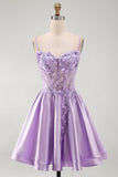 Espartilho A-Line Lilas, Espartilho Transparente 3D com Flores, Vestido Curto de Finalistas com Folhos