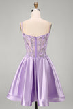 Espartilho A-Line Lilas, Espartilho Transparente 3D com Flores, Vestido Curto de Finalistas com Folhos