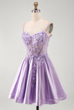 Espartilho A-Line Lilas, Espartilho Transparente 3D com Flores, Vestido Curto de Finalistas com Folhos