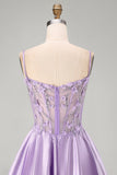 Espartilho A-Line Lilas, Espartilho Transparente 3D com Flores, Vestido Curto de Finalistas com Folhos