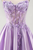 Espartilho A-Line Lilas, Espartilho Transparente 3D com Flores, Vestido Curto de Finalistas com Folhos