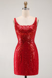 Vestido Curto de Regresso ao Casamento Borgonha Bodycon Cintilante de Lantejoulas Com Gola Quadrada