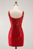 Vestido Curto de Regresso ao Casamento Borgonha Bodycon Cintilante de Lantejoulas Com Gola Quadrada