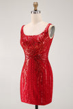 Vestido Curto de Regresso ao Casamento Borgonha Bodycon Cintilante de Lantejoulas Com Gola Quadrada