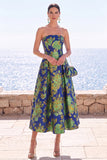 Vestido Midi Jacquard A-Line Sem Alças de Flor Cor-de-Rosa
