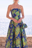 Vestido Midi Jacquard A-Line Sem Alças de Flor Cor-de-Rosa