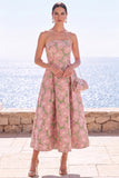 Vestido Midi Jacquard A-Line Sem Alças de Flor Cor-de-Rosa