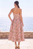 Vestido Midi Jacquard A-Line Sem Alças de Flor Cor-de-Rosa