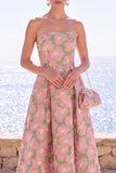 Vestido Midi Jacquard A-Line Sem Alças de Flor Cor-de-Rosa
